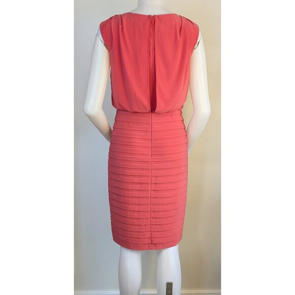 Adrianna Papell Sheath Dress 6 Coral Sleeveless Shutter Pleat Blouson Cowl Neck - Picture 6 of 9